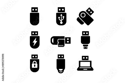 Set of solid black glyph icons representing USB flash drives and digital data storage