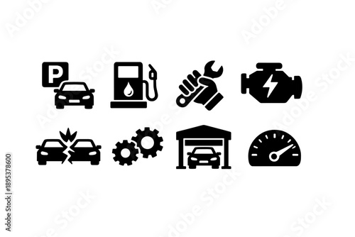 Automotive symbols set for vehicle repair, parking, fuel, engine diagnostics, and road safety