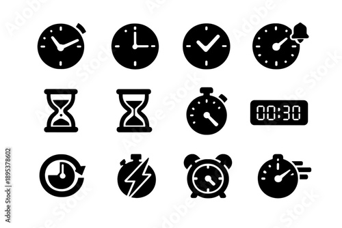 Essential time management symbols including clocks, stopwatches, hourglasses, and alarms