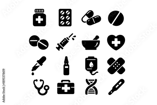 Essential medical and healthcare symbols set featuring pharmacy, treatment, and diagnostic tools
