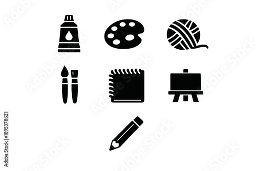 Essential art and craft supplies icons: paint, brushes, palette, easel, yarn, and pencil