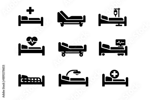 Hospital beds and medical equipment glyphs representing patient monitoring and emergency care