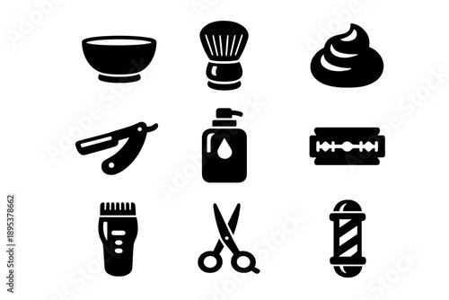 Essential barbershop and shaving equipment icons: razor, brush, and barber pole
