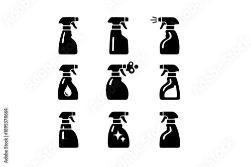 Nine distinct black glyphs of cleaning, sanitizing, and disinfectant spray bottles