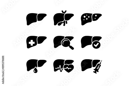 Human liver health and disease icons for medical diagnosis and treatment concepts