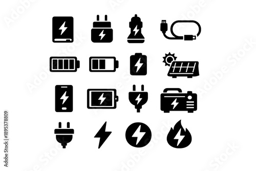 Electric power and energy management symbols including battery status and charging devices