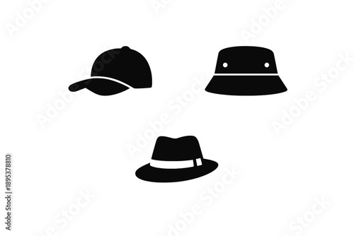Collection of classic headwear silhouettes: baseball cap, bucket hat, and stylish fedora