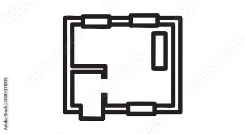 Simple black and white floor plan illustration of a room with doorway and window from a top-down viewpoint