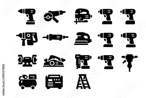 Essential power tools and construction equipment set for building and repair work