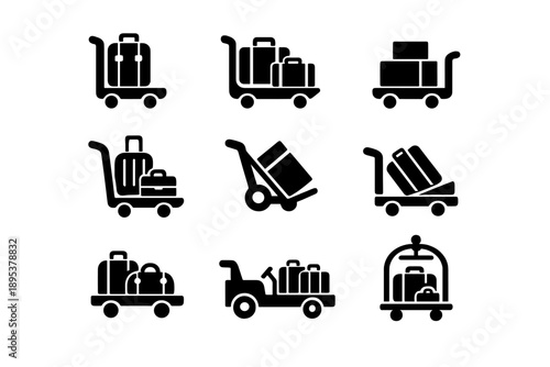 Various silhouette icons depicting luggage carts and baggage trolleys used for travel and hotel services