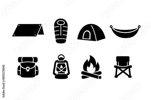 Essential black silhouette designs of outdoor camping and hiking equipment including tent, sleeping bag, and campfire