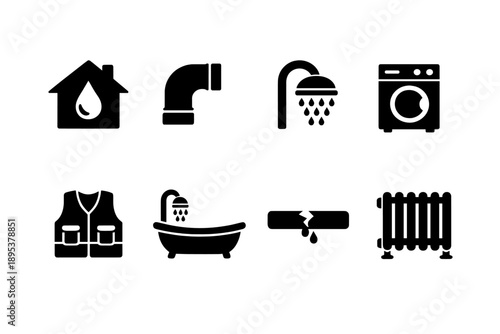 Plumbing and heating service symbols including house, pipe, shower, washing machine, and radiator