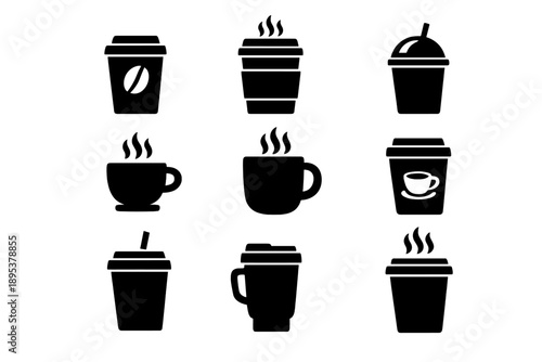 Nine black silhouette designs of coffee cups, mugs, and various hot beverage containers