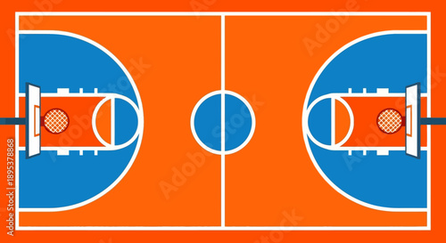 Top view of a basketball court with orange floor and blue half-courts and center circle illustration