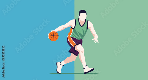 Man in green jersey dribbling basketball on court with split colored background from a side viewpoint