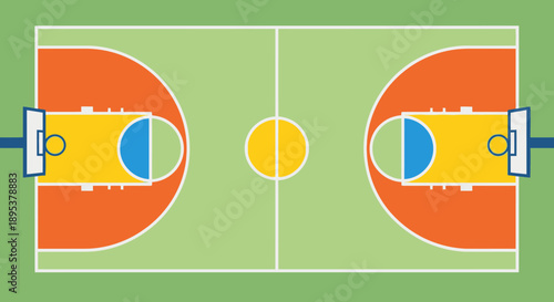 Top view of a basketball court with markings and goals on a green floor with orange and yellow zones