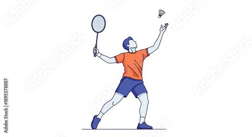 A dynamic illustration of a male athlete playing badminton with energetic movement and focus on a simple white background from a frontal viewpoint.