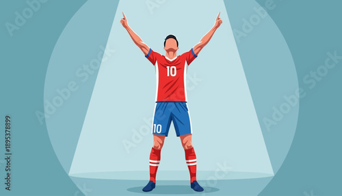 Illustration of a soccer player celebrating a goal with arms raised in victory on a blue background from a front viewpoint
