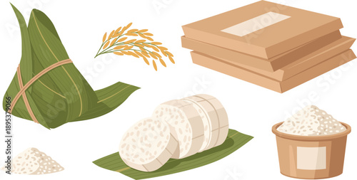 Traditional Rice Products Set with Zongzi Rice Cakes Grains and Takeaway Box Flat Vector Illustration