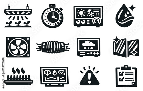 Lighting and Environmental Control in bold style: LED grow light, light timer, climate controller, humidity sensor, ventilation fan, air duct, CO2 monitor. Vector icons