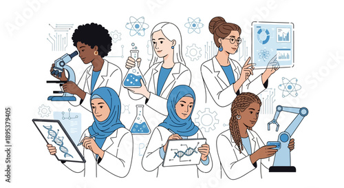 Illustration of diverse female scientists in lab coats engaged in various scientific activities with laboratory equipment and digital devices on International Day of Women and Girls in