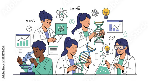 Illustration of diverse female scientists working together with lab equipment and icons representing science and study on International Day of Women and Girls in Science.