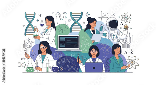 Illustration of women scientists working together with laptops and lab equipment on International Day of Women and Girls in Science.