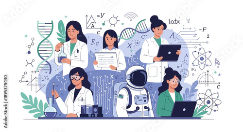 Illustration of women scientists working together with laptops and lab equipment on International Day of Women and Girls in Science.