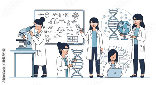 Illustration of women scientists in lab coats working with various scientific tools and equipment in a teamwork setting on International Day of Women and Girls in Science.