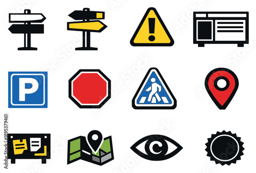 Signboards information and wayfinding essentials in bold style: street signboard, directional arrow sign, warning sign, information board, parking sign, stop. Vector icons