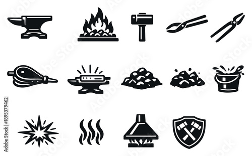 Blacksmith forge essentials flat vector icons in outline style: anvil, forge fire, hammer, tongs, bellows, hot metal bar, coal pile, quenching bucket, sparks. Vector icons