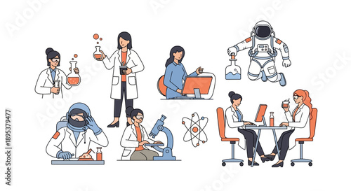 Illustration of diverse scientists and business professionals working together in a modern setting with laptops, microscopes, and lab equipment, celebrating International Day of Women and