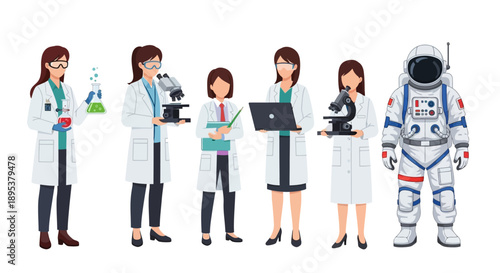 Illustration of diverse women in science, including a doctor, researchers with a microscope and laptop, and an astronaut, celebrating International Day of Women and Girls in Science with a