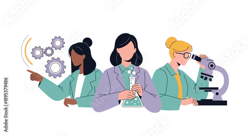 Illustration of three female scientists collaborating on scientific research with a microscope, gears, and laptop in a colorful, modern style conveying innovation and teamwork.