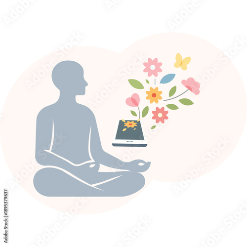 Vector Illustration of Digital Detox and Mindfulness Meditation Person Escaping Information Overload
