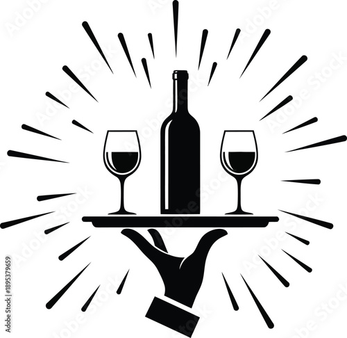 Hand holding tray with wine bottle and two glasses on it with motion lines  serving drinks