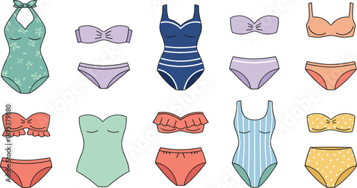 Women Swimwear Collection with Bikinis and One Piece Swimsuits in Various Colors and Styles