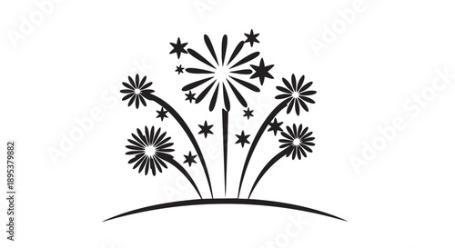 Fireworks exploding above curved horizon with stars and sparks illustration