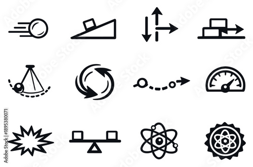 Physical momentum and dynamics vector icons in outline style: moving ball, incline ramp, force vector arrows, inertia blocks, swing arc, rotation spiral, motion. Vector icons