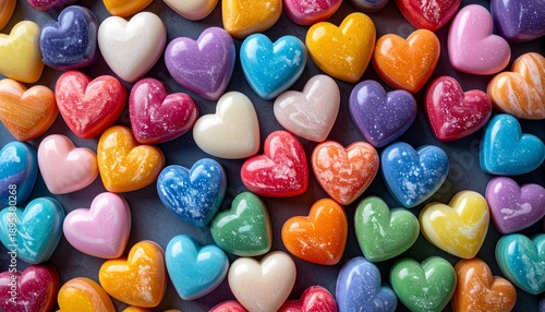 Top-Down View of Many Colorful Heart-Shaped Candies with a Marbled Texture