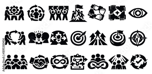Alignment in Teamwork in bold style: team collaboration, synchronized effort, group synergy, goal alignment, team communication, shared vision, collaborative. Vector icons