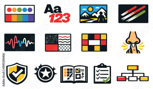 Visual and Sensory Brand Expression in bold style: color emotion palette, typography mood samples, imagery style frame, motion rhythm lines, sound cue waveform. Vector icons