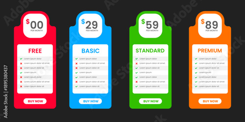 Professional four Tier Subscription website price Pricing Table with free, Basic Standard and Premium Plans. UI UX app pricing chart table or Product Plan Offer Price Package Subscription Option.
