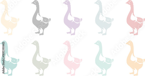 Goose silhouettes in pastel colors with stripes, Waterfowl bird pastel illustration collection