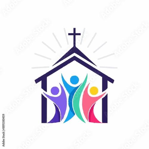 Modern Church Building Illustration - Invitation to Christian Community. Stylized vector illustration of a church building with a welcoming atmosphere.
