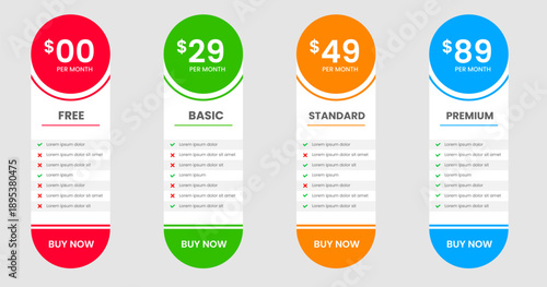 Professional four Tier Subscription website price Pricing Table with free, Basic Standard and Premium Plans. UI UX app pricing chart table or Product Plan Offer Price Package Subscription Option.