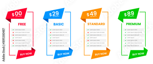 Professional four Tier Subscription website price Pricing Table with free, Basic Standard and Premium Plans. UI UX app pricing chart table or Product Plan Offer Price Package Subscription Option.