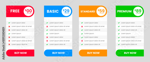 Professional four Tier Subscription website price Pricing Table with free, Basic Standard and Premium Plans. UI UX app pricing chart table or Product Plan Offer Price Package Subscription Option.