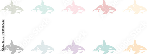 Orca whale silhouettes in pastel colors with stripes, Killer whale pastel marine illustration