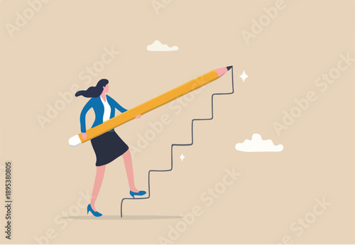 Create stair to success, growth or growing career path, planning for self improvement or leadership motivation, self made success concept, confidence businesswoman draw stair to climb up for success